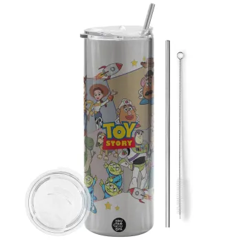 toystory characters, Tumbler stainless steel Silver 600ml, with metal straw & cleaning brush