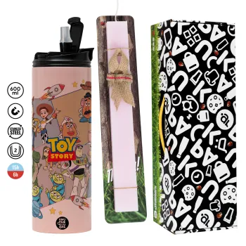 toystory characters, Πασχαλινή Λαμπάδα με  ΡΟΖ Travel Tumbler θερμό (600ml, BPA free) & κερί αρωματικό πλακέ (30cm) (ΡΟΖ)
