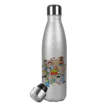 toystory characters, Μεταλλικό παγούρι θερμός Glitter Aσημένιο (Stainless steel), διπλού τοιχώματος, 500ml
