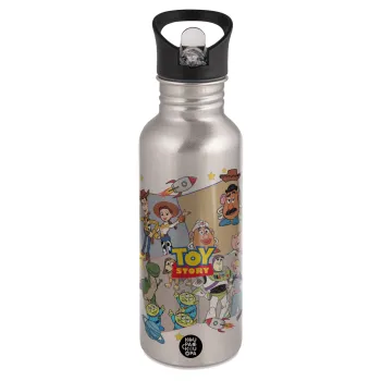 toystory characters, Water bottle Silver with straw, stainless steel 600ml