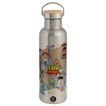 toystory characters, Μεταλλικό παγούρι θερμός (Stainless steel) Ασημένιο με ξύλινο καπακι (bamboo), διπλού τοιχώματος, 750ml