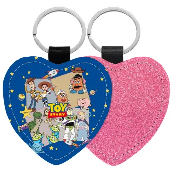 toystory characters, Μπρελόκ PU δερμάτινο glitter καρδιά ΡΟΖ