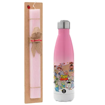 toystory characters, Easter Set, Metallic pink/white (Stainless steel) thermos, double-walled, 500ml & aromatic flat Easter candle (30cm) (PINK)