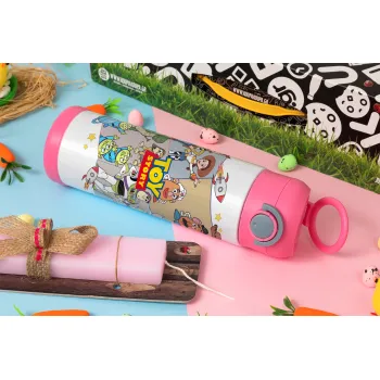 toystory characters, Πασχαλινή Λαμπάδα με Παιδικό παγούρι θερμό, ανοξείδωτο, με καλαμάκι ασφαλείας, ΡΟΖ (500ml)