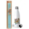 Easter Set, metallic stainless steel water bottle (750ml) & aromatic flat Easter candle (30cm) (TURQUOISE)