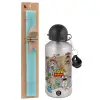 Easter Set, metallic silver aluminum water bottle (500ml) & scented flat Easter candle (30cm) (TURQUOISE)