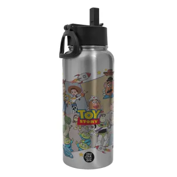 toystory characters, Μεταλλικό παγούρι θερμός Silver με καλαμάκι και χερούλι (Stainless steel), διπλού τοιχώματος, 950ml