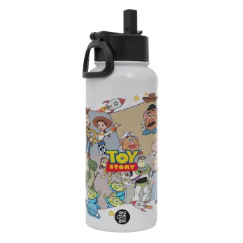toystory characters, Μεταλλικό παγούρι θερμός Λευκό με καλαμάκι και χερούλι (Stainless steel), διπλού τοιχώματος, 950ml