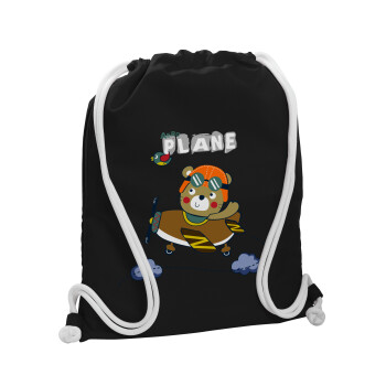 Kids Plane, Τσάντα πλάτης πουγκί GYMBAG Μαύρη, με τσέπη (40x48cm) & χονδρά λευκά κορδόνια