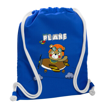 Kids Plane, Backpack pouch GYMBAG Blue, with pocket (40x48cm) & thick cords