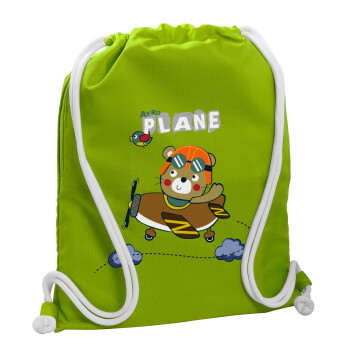 Kids Plane, Backpack bag GYMBAG LIME GREEN, with pocket (40x48cm) & thick cords