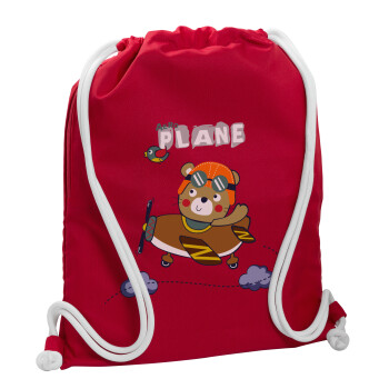Kids Plane, Τσάντα πλάτης πουγκί GYMBAG Κόκκινη, με τσέπη (40x48cm) & χονδρά κορδόνια