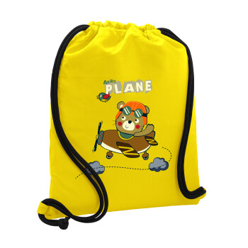 Kids Plane, Τσάντα πλάτης πουγκί GYMBAG Κίτρινη, με τσέπη (40x48cm) & χονδρά κορδόνια