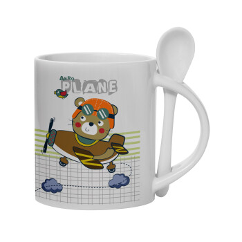 Kids Plane, Ceramic coffee mug with Spoon, 330ml (1pcs)