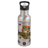 Water bottle Silver with straw, stainless steel 600ml