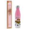 Easter Set, Metallic pink/white (Stainless steel) thermos, double-walled, 500ml & aromatic flat Easter candle (30cm) (PINK)