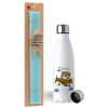 Easter Set, metallic stainless steel water bottle (750ml) & aromatic flat Easter candle (30cm) (TURQUOISE)