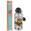 Easter Set, metallic silver aluminum water bottle (500ml) & scented flat Easter candle (30cm) (TURQUOISE)