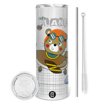 Kids Plane, Eco friendly stainless steel tumbler 600ml, with metal straw & cleaning brush