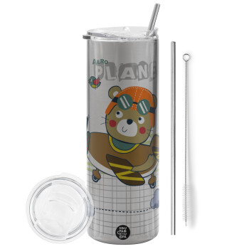 Kids Plane, Eco friendly stainless steel Silver tumbler 600ml, with metal straw & cleaning brush