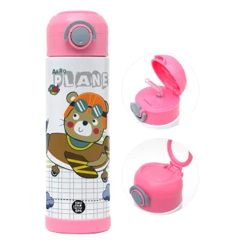 Kids Plane, Children's hot water bottle, stainless steel, with safety straw, PINK (500ml)