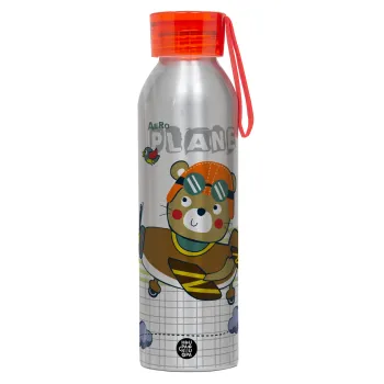 Ο μικρός αεροπόρος, Αλουμινένιο Αθλητικό Μπουκάλι 650ml – Ασημί με Κόκκινο Καπάκι και Λουράκι Σιλικόνης