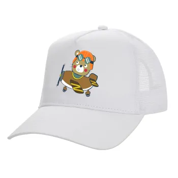 Kids Plane, Structured Trucker Adult Hat, with Mesh, WHITE (100% COTTON, ADULT, UNISEX, ONE SIZE)