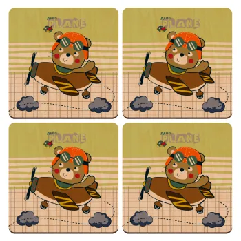 Kids Plane, ΣΕΤ x4 Σουβέρ ξύλινα τετράγωνα plywood (9cm)