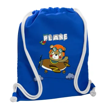 Kids Plane, Backpack pouch GYMBAG Blue, with pocket (40x48cm) & thick cords