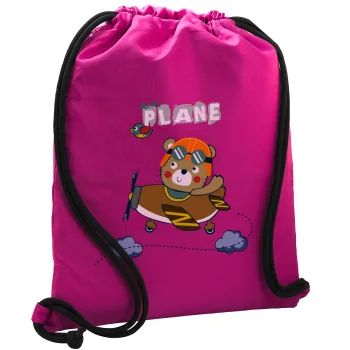 Kids Plane, Backpack pouch GYMBAG Fuchsia, with pocket (40x48cm) & thick cords