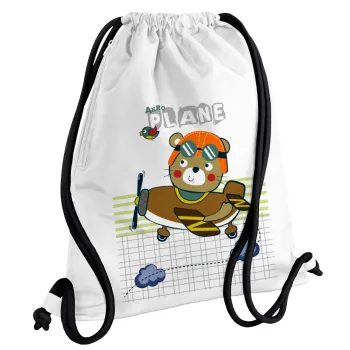 Kids Plane, Backpack pouch GYMBAG white, with pocket (40x48cm) & thick cords