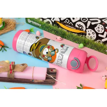 Kids Plane, Easter candle, Childrens hot water bottle, stainless steel, with safety straw, PINK (500ml)