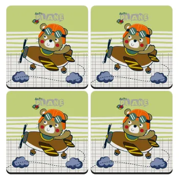 Kids Plane, ΣΕΤ 4 Σουβέρ ξύλινα τετράγωνα (9cm)