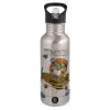 Water bottle Silver with straw, stainless steel 600ml