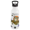 White water bottle with straw, stainless steel 600ml
