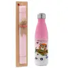 Easter Set, Metallic pink/white (Stainless steel) thermos, double-walled, 500ml & aromatic flat Easter candle (30cm) (PINK)