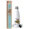 Easter Set, metallic stainless steel water bottle (750ml) & aromatic flat Easter candle (30cm) (TURQUOISE)