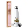 Easter Set, metallic stainless steel water bottle (750ml) & scented flat Easter candle (30cm) (PINK)