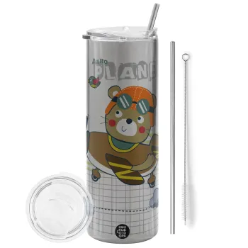 Kids Plane, Tumbler stainless steel Silver 600ml, with metal straw & cleaning brush
