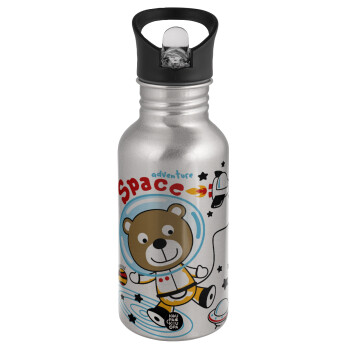 Kids Space, Water bottle Silver with straw, stainless steel 500ml