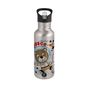 Kids Space, Water bottle Silver with straw, stainless steel 600ml