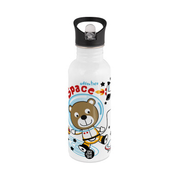 Kids Space, White water bottle with straw, stainless steel 600ml
