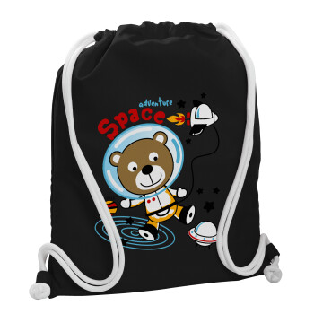 Kids Space, Τσάντα πλάτης πουγκί GYMBAG Μαύρη, με τσέπη (40x48cm) & χονδρά λευκά κορδόνια