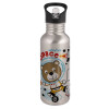 Water bottle Silver with straw, stainless steel 600ml