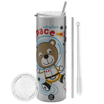 Kids Space, Eco friendly stainless steel Silver tumbler 600ml, with metal straw & cleaning brush