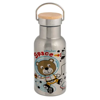 Kids Space, Stainless steel metallic thermos flask, silver with a bamboo lid, double-walled, 350ml.