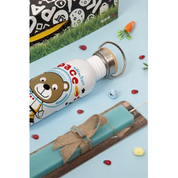 Ο μικρός αστροναύτης, Πασχαλινή Λαμπάδα με παγούρι μεταλλικό (620ml, stainless steel) & κερί αρωματικό πλακέ (30cm) (ΤΙΡΚΟΥΑΖ)