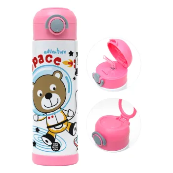 Kids Space, Children's hot water bottle, stainless steel, with safety straw, PINK (500ml)