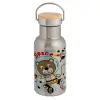 Stainless steel metallic thermos flask, silver with a bamboo lid, double-walled, 350ml.