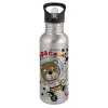 Water bottle Silver with straw, stainless steel 600ml
